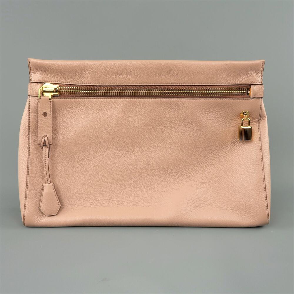 TOM FORD Nude Textured Leather Gold Padlock ALIX Clutch Handbag
